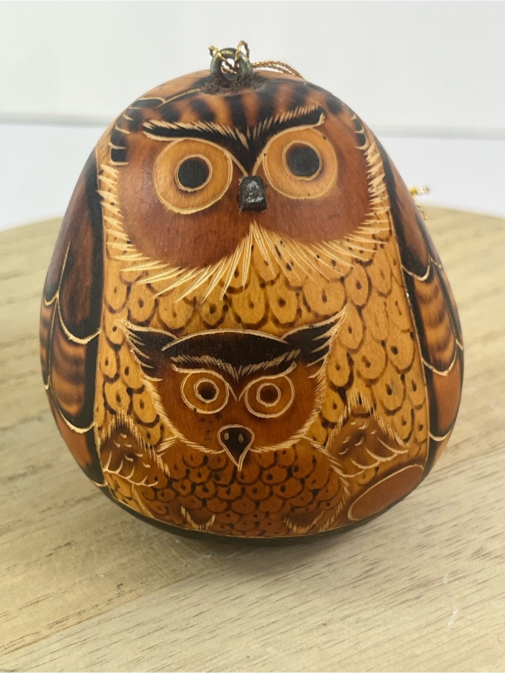 Lucuma Peruvian Hand-carved Gourd Owl Christmas Ornament Mate Burilado Folk Art